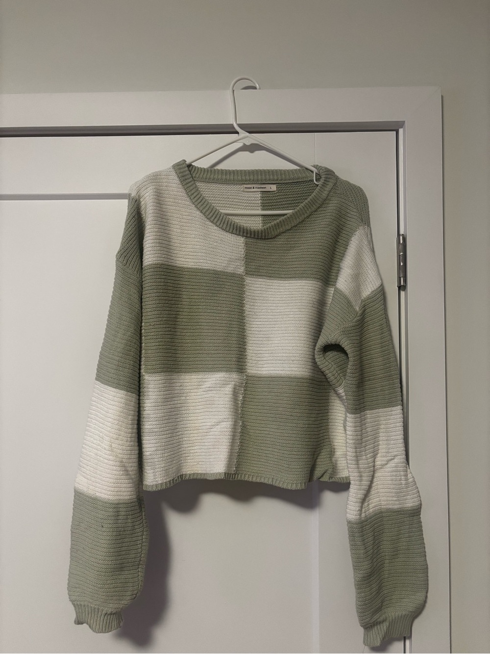 moon & madison Sage Green and White Block Crewneck Sweater